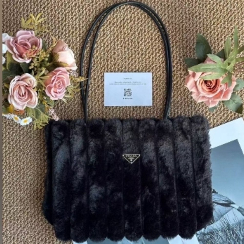 PRADA Black Faux Fur Tote Bag & Insert